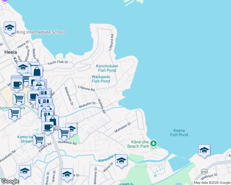 map of restaurants, bars, coffee shops, grocery stores, and more near 45-27 Lilipuna Place in Kaneohe