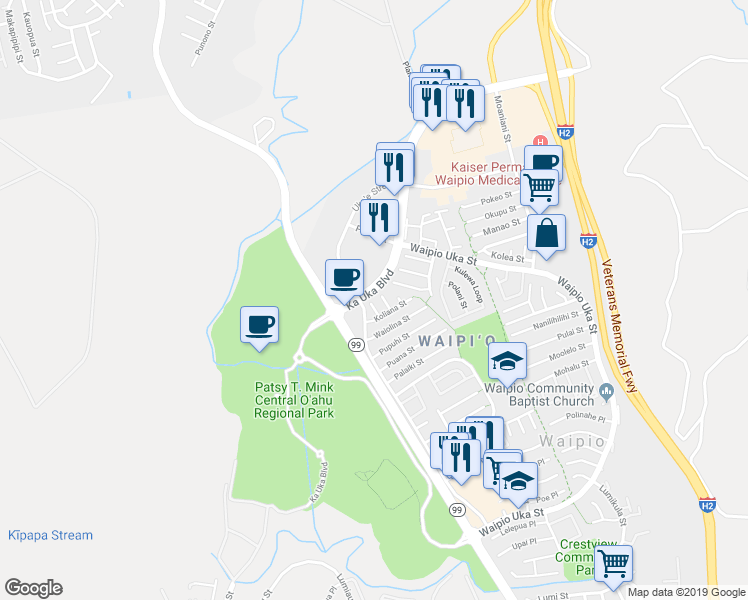 map of restaurants, bars, coffee shops, grocery stores, and more near 94-604 Koliana Place in Waipahu