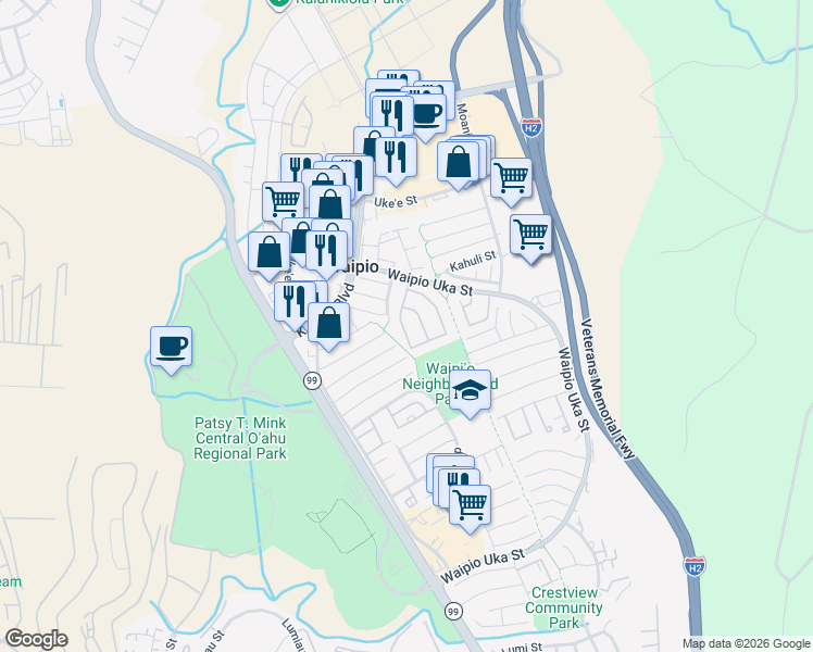 map of restaurants, bars, coffee shops, grocery stores, and more near 94-1460 Kulewa Loop in Waipahu