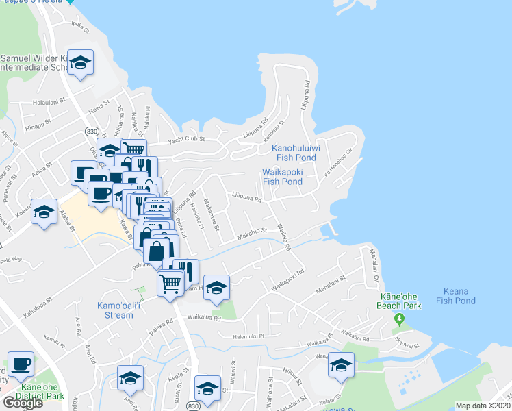 map of restaurants, bars, coffee shops, grocery stores, and more near 45-202 Lilipuna Road in Kaneohe