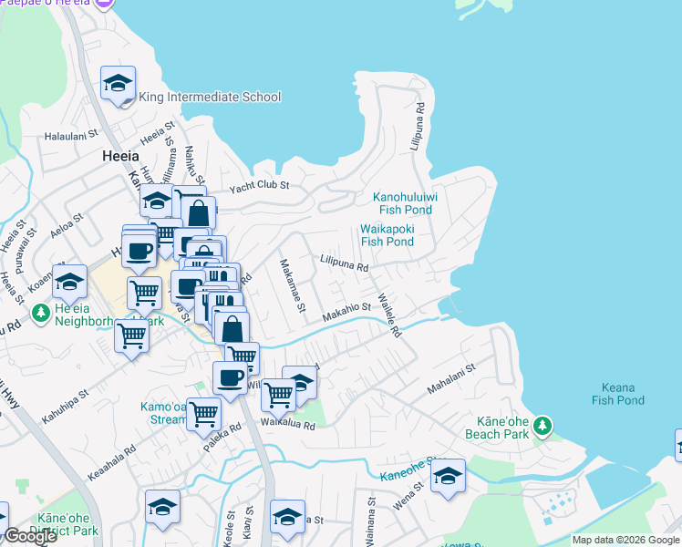 map of restaurants, bars, coffee shops, grocery stores, and more near 45-202 Lilipuna Road in Kaneohe