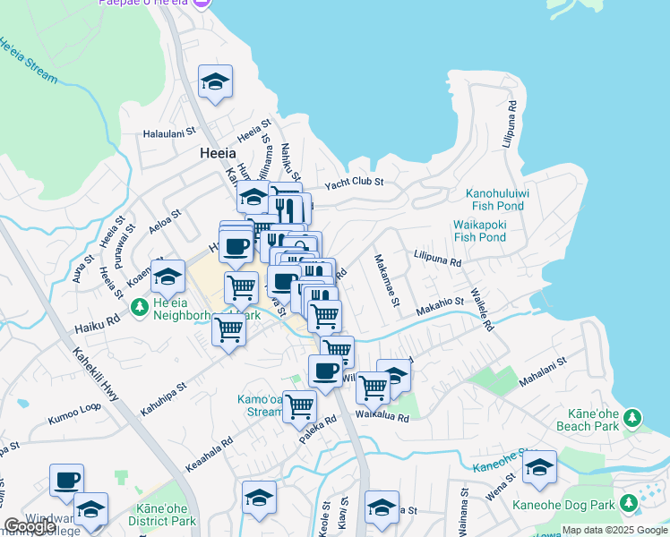 map of restaurants, bars, coffee shops, grocery stores, and more near 45-314 Lilipuna Road in Kaneohe