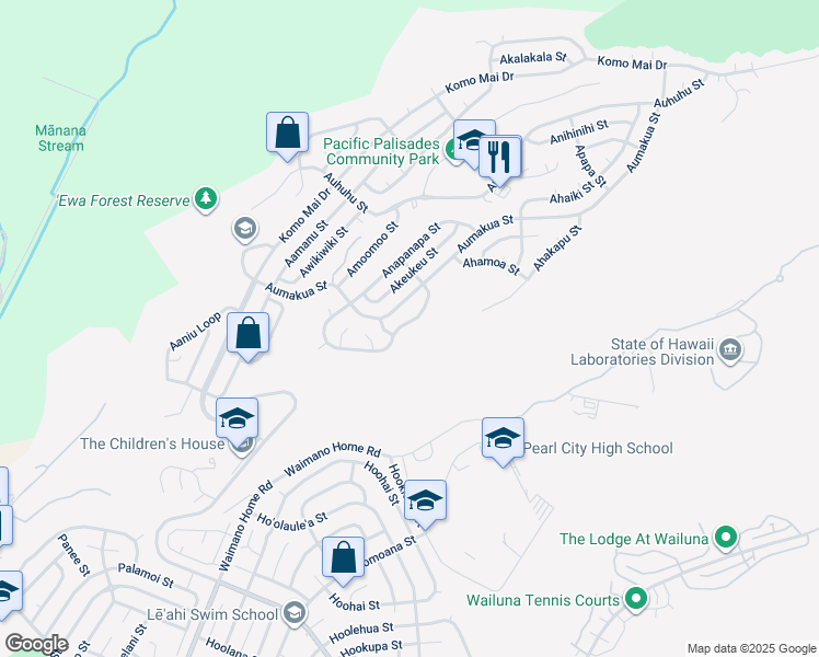 map of restaurants, bars, coffee shops, grocery stores, and more near 2306 Amokemoke Street in Pearl City