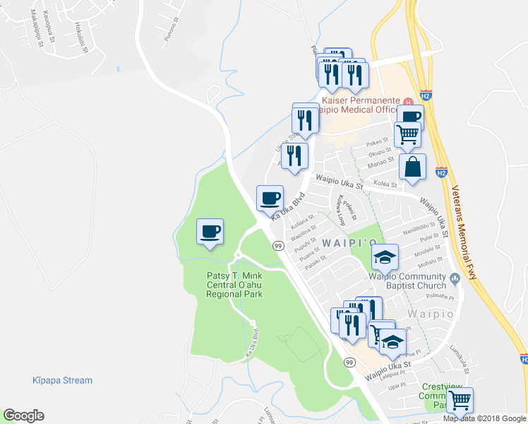 map of restaurants, bars, coffee shops, grocery stores, and more near 94-1014 Ka Uka Boulevard in Waipahu