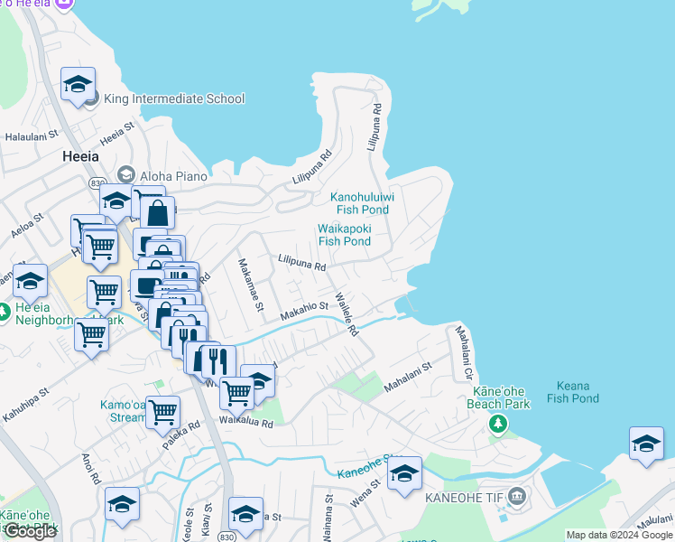 map of restaurants, bars, coffee shops, grocery stores, and more near 45-178 Lilipuna Road in Kaneohe