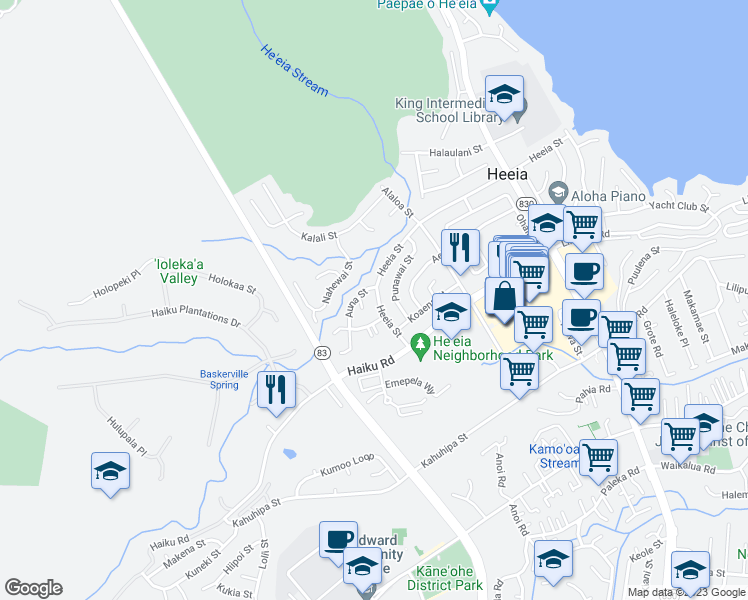 map of restaurants, bars, coffee shops, grocery stores, and more near 46-265 Heeia Street in Kaneohe