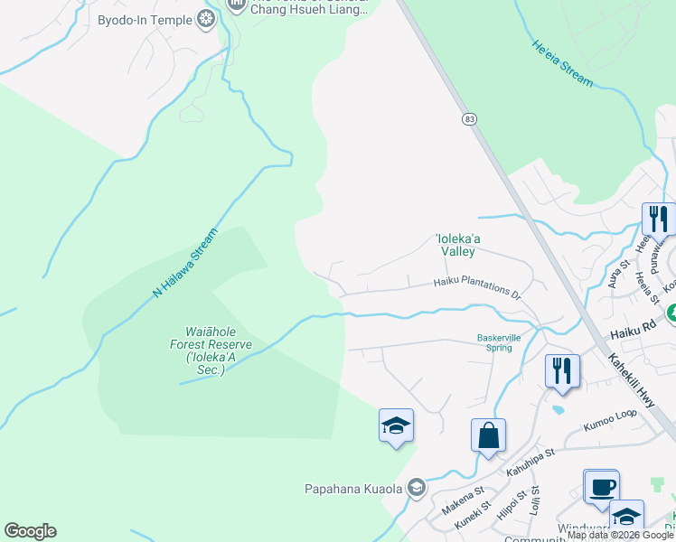 map of restaurants, bars, coffee shops, grocery stores, and more near 46-529 Haiku Plantation Place in Kaneohe
