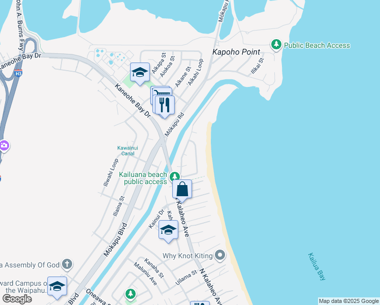 map of restaurants, bars, coffee shops, grocery stores, and more near 129 Kailulu Way in Kailua