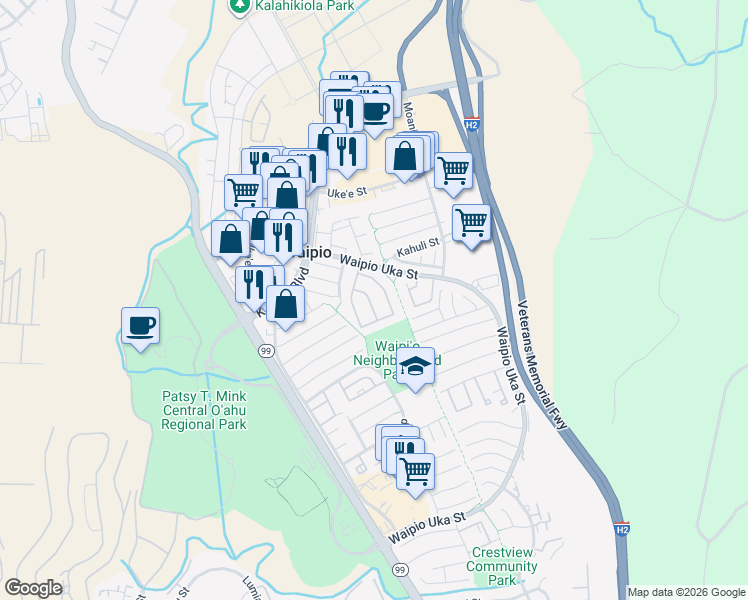 map of restaurants, bars, coffee shops, grocery stores, and more near 94-1405 Polani Street in Waipahu