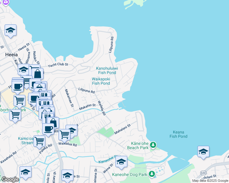 map of restaurants, bars, coffee shops, grocery stores, and more near 45-46 Lilipuna Place in Kaneohe