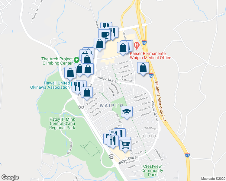 map of restaurants, bars, coffee shops, grocery stores, and more near 94-1460 Kulewa Loop in Waipahu