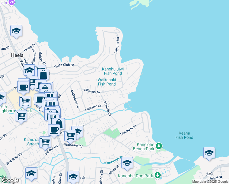 map of restaurants, bars, coffee shops, grocery stores, and more near 45-152 Lilipuna Road in Kaneohe