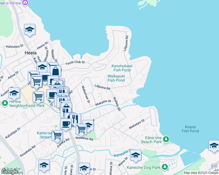 map of restaurants, bars, coffee shops, grocery stores, and more near 45-178 Lilipuna Road in Kaneohe