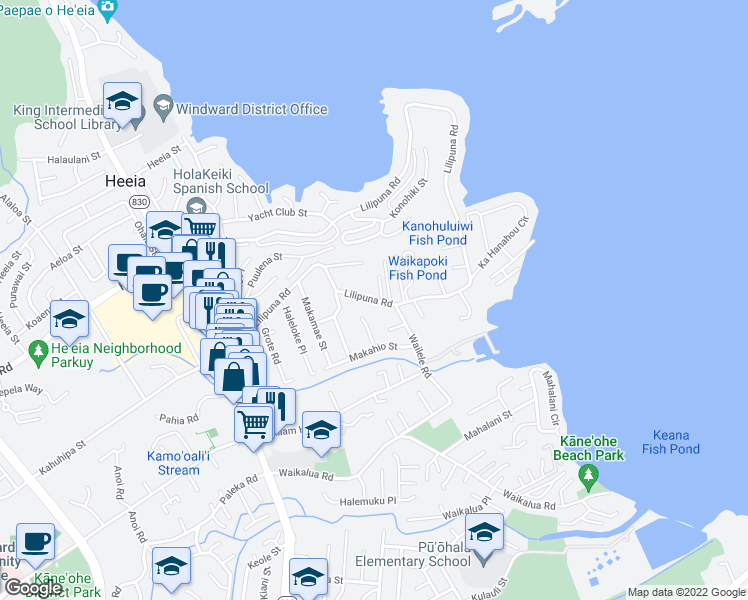 map of restaurants, bars, coffee shops, grocery stores, and more near 45-202 Lilipuna Road in Kaneohe