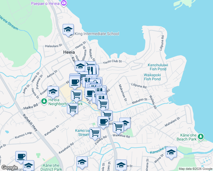 map of restaurants, bars, coffee shops, grocery stores, and more near 45-314 Lilipuna Road in Kaneohe