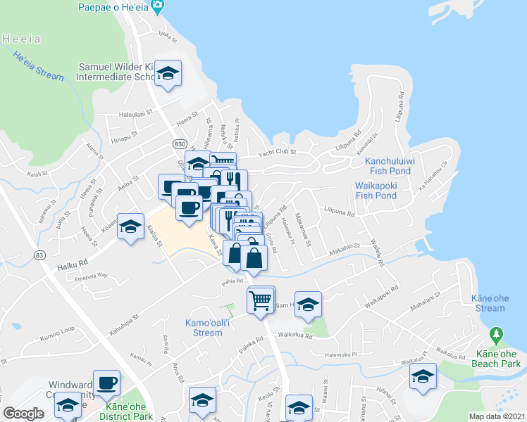 map of restaurants, bars, coffee shops, grocery stores, and more near 45-314 Lilipuna Road in Kaneohe