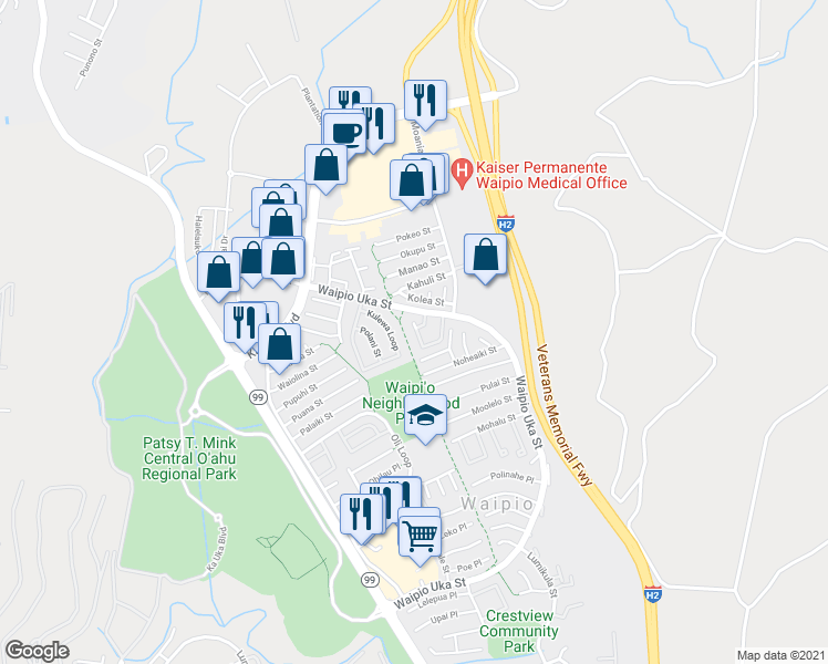 map of restaurants, bars, coffee shops, grocery stores, and more near 94-1352 Kulewa Loop in Waipahu