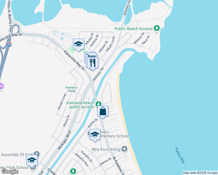 map of restaurants, bars, coffee shops, grocery stores, and more near 129 Kailulu Way in Kailua
