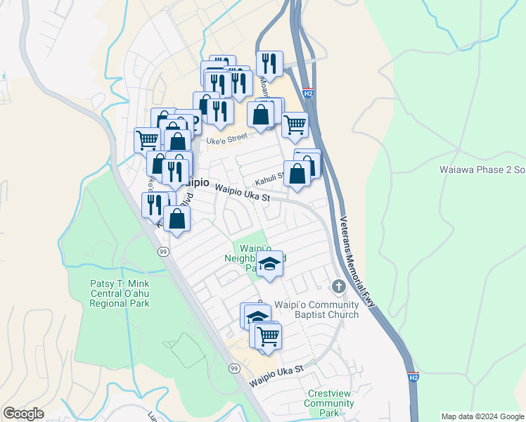 map of restaurants, bars, coffee shops, grocery stores, and more near 94-1132 Noheaiki Way in Waipahu