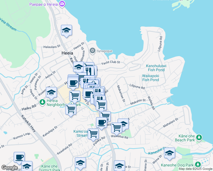 map of restaurants, bars, coffee shops, grocery stores, and more near 45-314 Lilipuna Road in Kaneohe