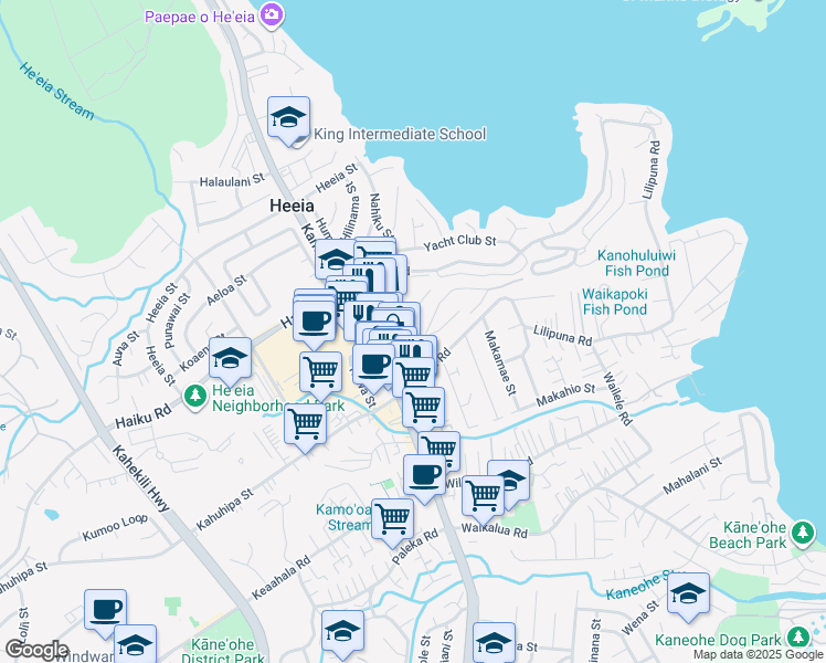 map of restaurants, bars, coffee shops, grocery stores, and more near 46-20 Aliikane Place in Kaneohe