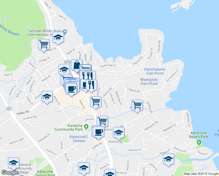 map of restaurants, bars, coffee shops, grocery stores, and more near 46-058 Aliianela Place in Kaneohe
