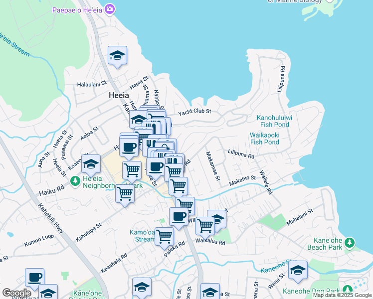 map of restaurants, bars, coffee shops, grocery stores, and more near 46-058 Aliianela Place in Kaneohe