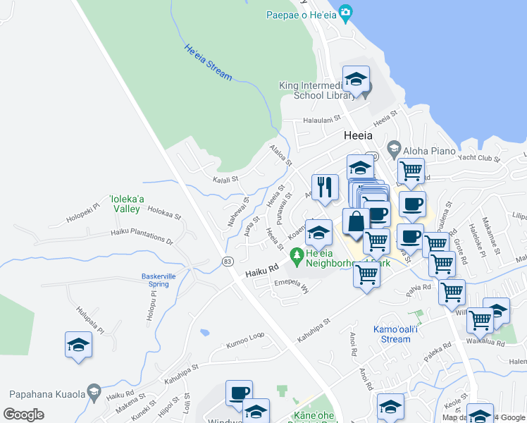 map of restaurants, bars, coffee shops, grocery stores, and more near 46-263 Auna Street in Kaneohe