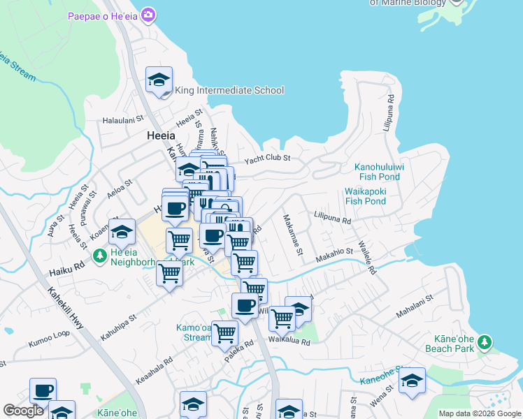 map of restaurants, bars, coffee shops, grocery stores, and more near 46-058 Aliianela Place in Kaneohe
