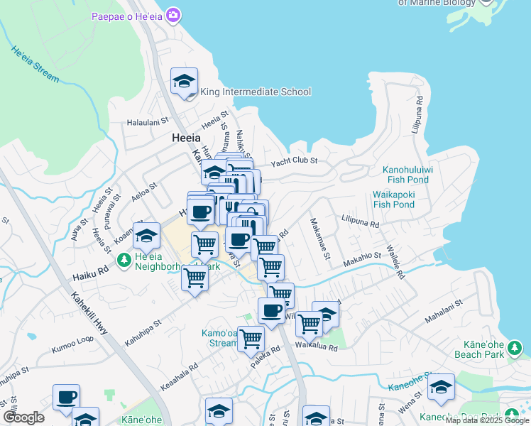 map of restaurants, bars, coffee shops, grocery stores, and more near 46-154 Kiowai Street in Kaneohe