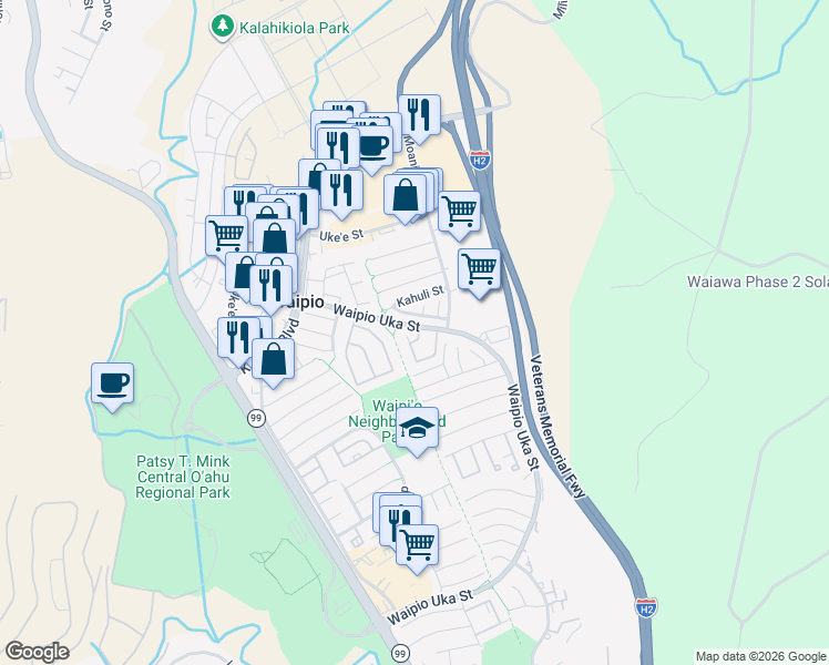 map of restaurants, bars, coffee shops, grocery stores, and more near 94-1459 Welina Loop in Waipahu