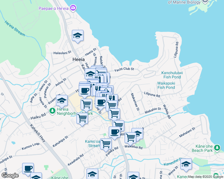 map of restaurants, bars, coffee shops, grocery stores, and more near 46-154 Kiowai Street in Kaneohe