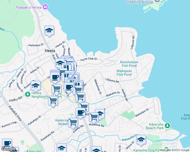 map of restaurants, bars, coffee shops, grocery stores, and more near 45-270 Lilipuna Road in Kaneohe