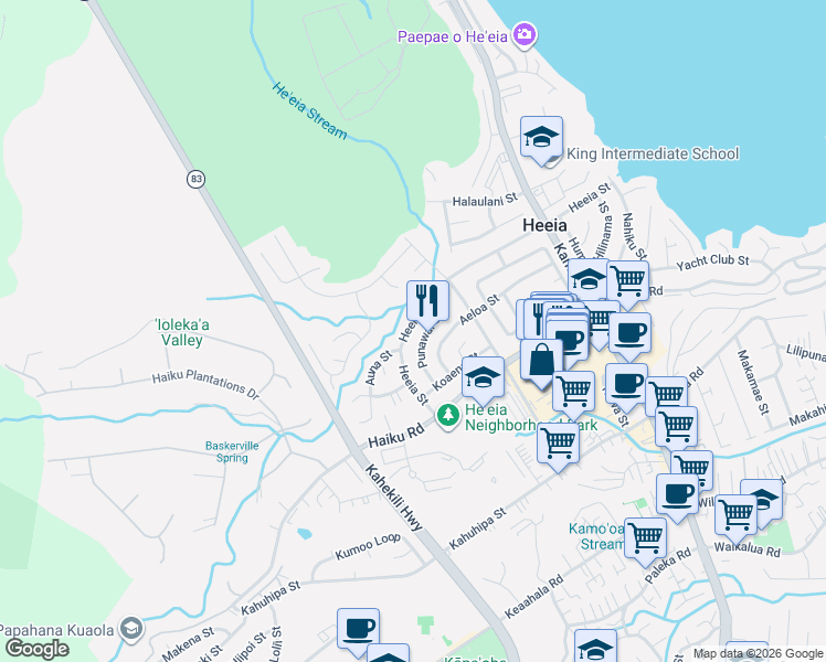 map of restaurants, bars, coffee shops, grocery stores, and more near 46-243 Heeia Street in Kaneohe