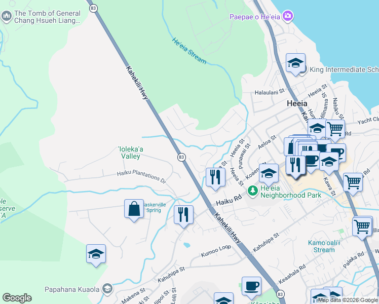 map of restaurants, bars, coffee shops, grocery stores, and more near 46-131 Nahewai Place in Kaneohe
