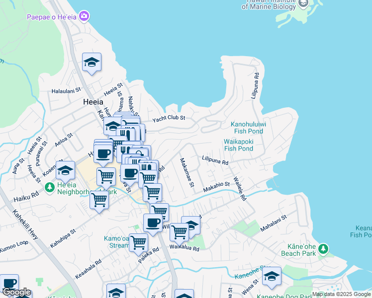 map of restaurants, bars, coffee shops, grocery stores, and more near 45-262 Lilipuna Road in Kaneohe