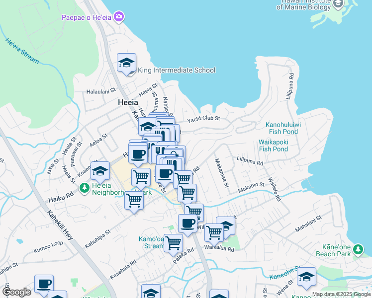 map of restaurants, bars, coffee shops, grocery stores, and more near 46-154 Kiowai Street in Kaneohe