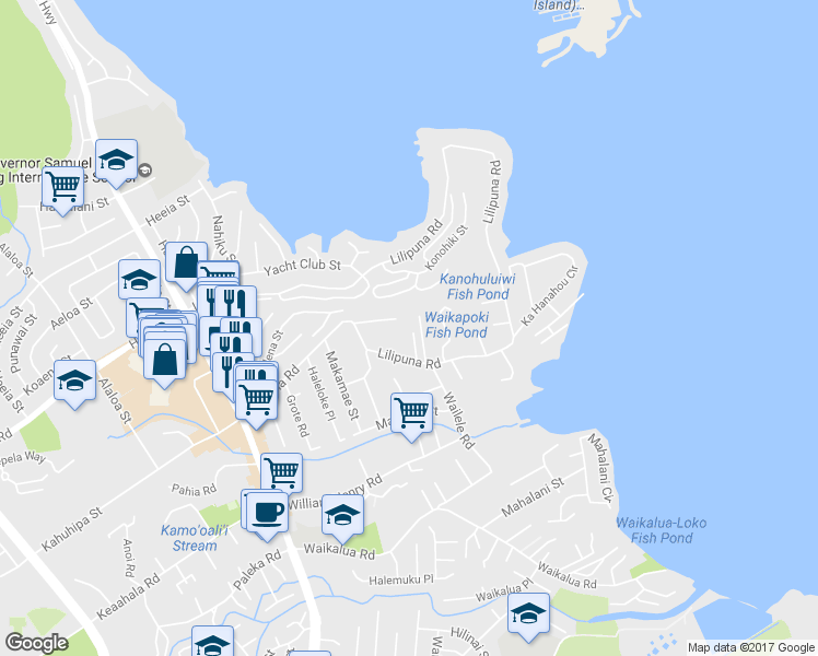 map of restaurants, bars, coffee shops, grocery stores, and more near 45-118 Mololani Place in Kaneohe