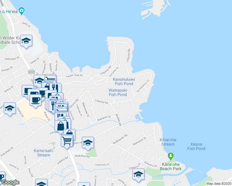 map of restaurants, bars, coffee shops, grocery stores, and more near 45-179 Lilipuna Place in Kaneohe