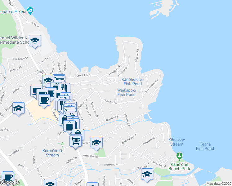 map of restaurants, bars, coffee shops, grocery stores, and more near 45-118 Mololani Place in Kaneohe