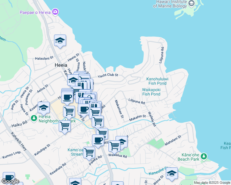 map of restaurants, bars, coffee shops, grocery stores, and more near 45-270 Lilipuna Road in Kaneohe
