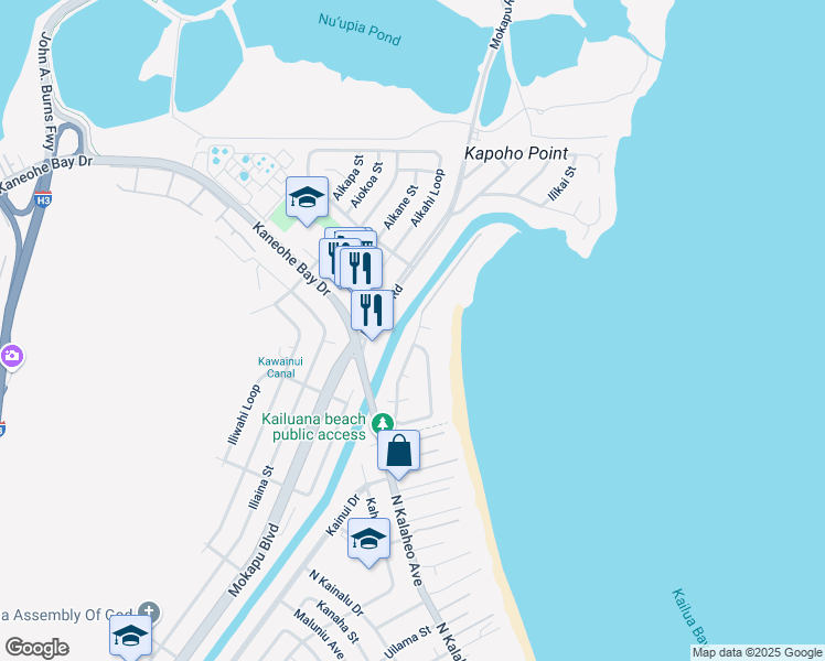 map of restaurants, bars, coffee shops, grocery stores, and more near 84 Kailuana Place in Kailua