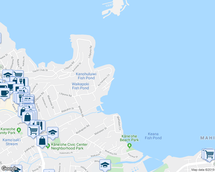 map of restaurants, bars, coffee shops, grocery stores, and more near 45-64 Ka Hanahou Place in Kaneohe