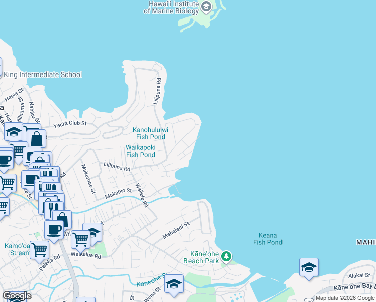 map of restaurants, bars, coffee shops, grocery stores, and more near 45-64 Ka Hanahou Place in Kaneohe