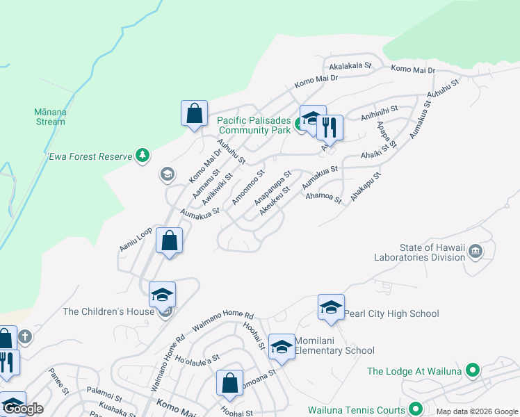 map of restaurants, bars, coffee shops, grocery stores, and more near 2239 Akeukeu Street in Pearl City
