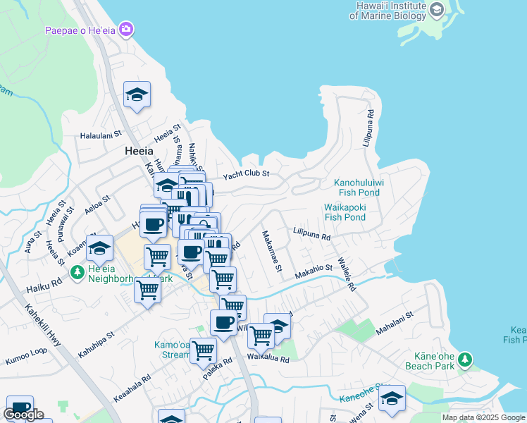 map of restaurants, bars, coffee shops, grocery stores, and more near 45-270 Lilipuna Road in Kaneohe