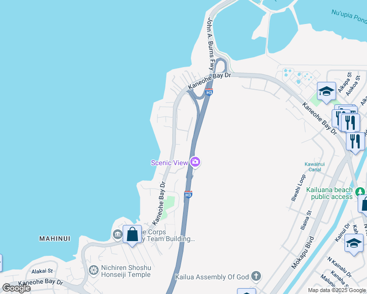 map of restaurants, bars, coffee shops, grocery stores, and more near 44-398 Kaneohe Bay Drive in Kaneohe