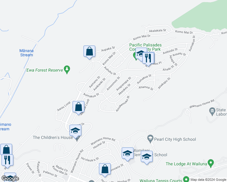 map of restaurants, bars, coffee shops, grocery stores, and more near 2226 Anapanapa Street in Pearl City