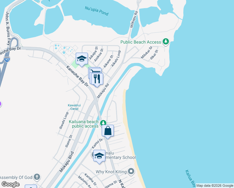 map of restaurants, bars, coffee shops, grocery stores, and more near 84 Kailuana Place in Kailua