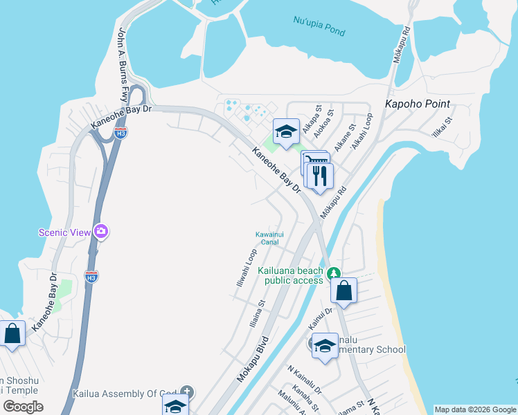 map of restaurants, bars, coffee shops, grocery stores, and more near 336 Ilihau Street in Kailua